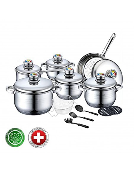 Royalty Line RL-1802 Batterie de cuisine en acier inoxydable de 18 pièces avec divers ustensiles