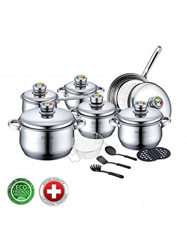 Royalty Line RL-1802 Batterie de cuisine en acier inoxydable de 18 pièces avec divers ustensiles