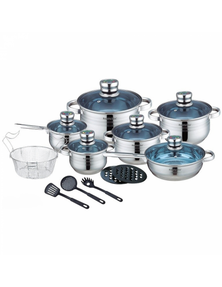 Royalty Line RL-1801B  Batterie de cuisine 18 pièces en acier inoxydable avec couvercle en verre