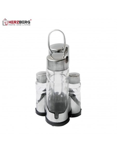 Herzberg HG-6006 Support à épices en acier inoxydable avec 4 bocaux en verre