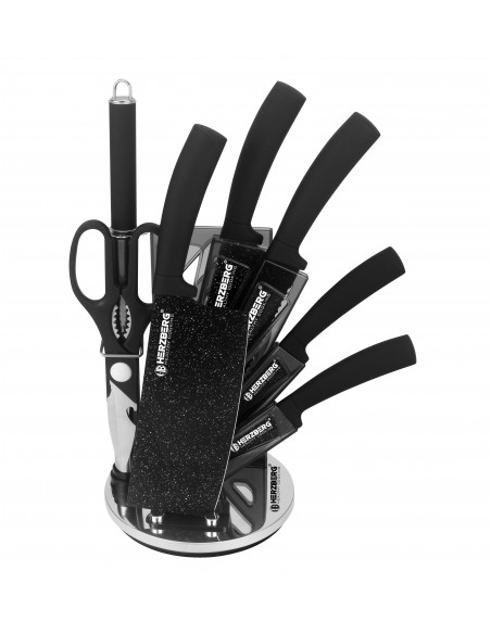 Herzberg Ensemble de 8 couteaux avec support en acrylique Marbre Noir
