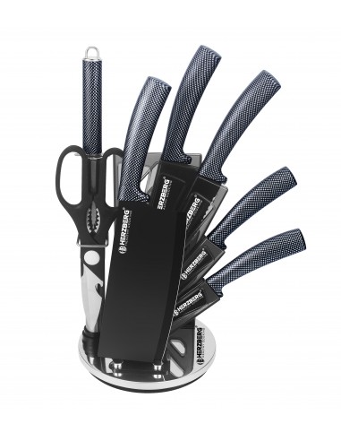 Herzberg Ensemble de 8 couteaux avec support en acrylique Carbone