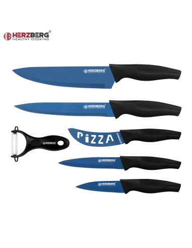 Herzberg HG-KL6BLU Ensemble de 5 couteaux enduits de marbre Bleu