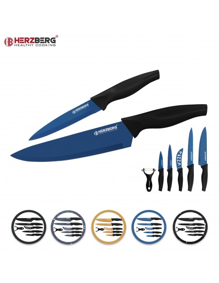 Herzberg HG-KL6BLU Ensemble de 5 couteaux enduits de marbre Bleu