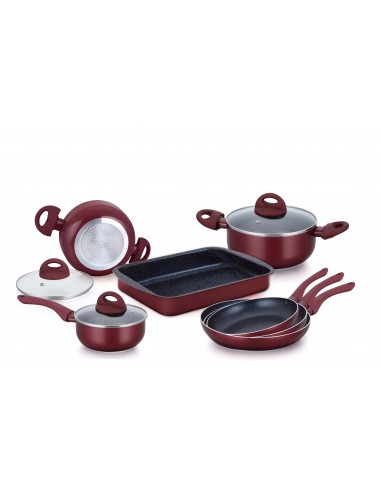 Herzberg HG-9016BR  Batterie de cuisine enduite de marbre 10 pièces Bourgogne