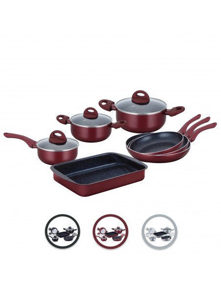 Herzberg HG-9016BR  Batterie de cuisine enduite de marbre 10 pièces Bourgogne