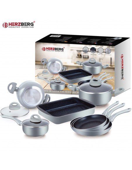 Herzberg Batterie de cuisine enduite de marbre 10 pièces Argent