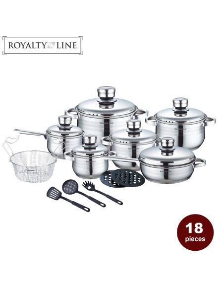 Royalty Line RL-1802 Batterie de cuisine en acier inoxydable de 18 pièces avec divers ustensiles