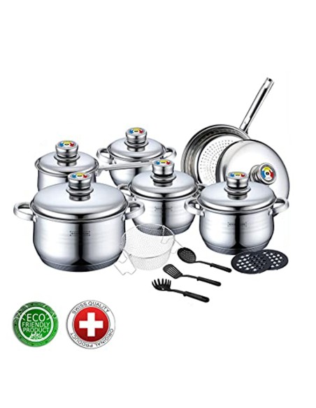 Royalty Line RL-1802 Batterie de cuisine en acier inoxydable de 18 pièces avec divers ustensiles