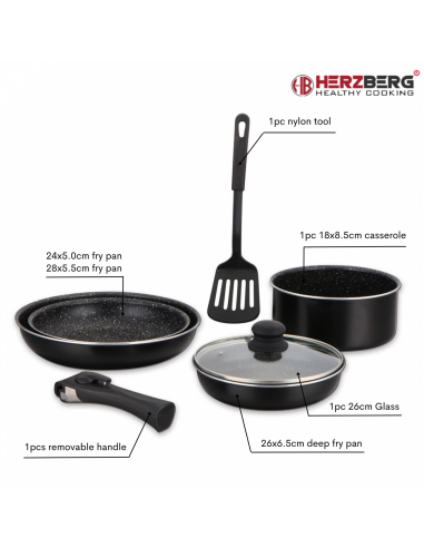 Herzberg HG-8090-7BK  Batterie de cuisine 7 pièces à revêtement en marbre