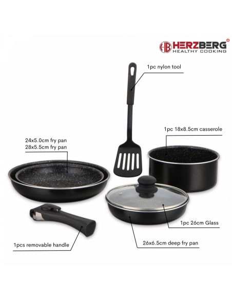 Herzberg HG-8090-7BK  Batterie de cuisine 7 pièces à revêtement en marbre