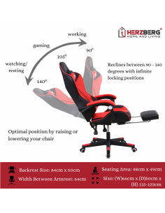 Herzberg Chaise de jeu et de bureau avec repose-pieds escamotable Rouge 2