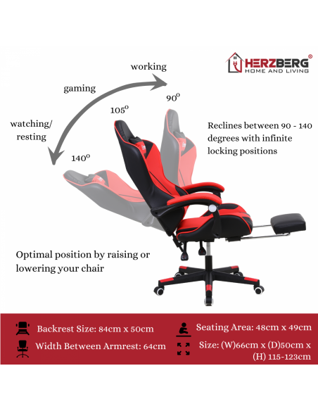 Herzberg Chaise de jeu et de bureau avec repose-pieds escamotable Rouge