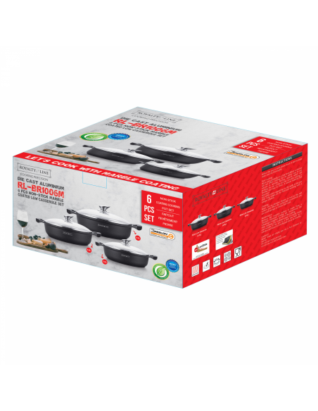 Royalty Line RL-BR1006M Ensemble De 6 Casseroles Basses Avec Revêtement En Marbre Antiadhésif