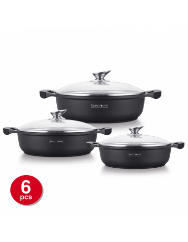 Royalty Line RL-BR1006M Ensemble De 6 Casseroles Basses Avec Revêtement En Marbre Antiadhésif