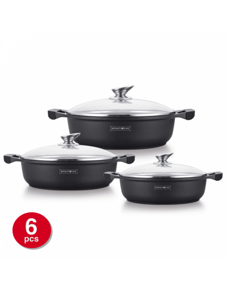 Royalty Line RL-BR1006M Ensemble De 6 Casseroles Basses Avec Revêtement En Marbre Antiadhésif