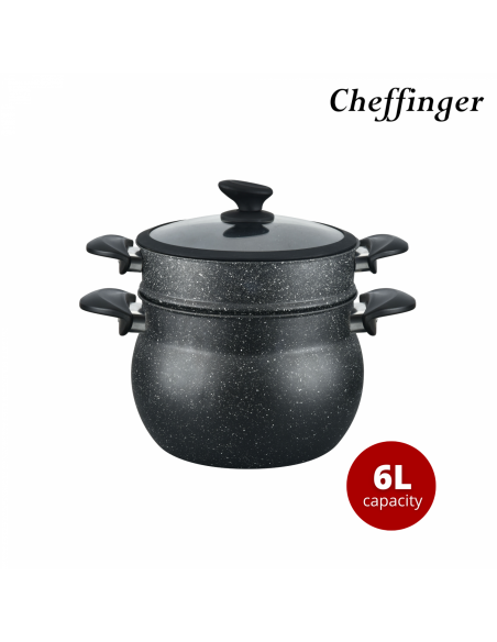 Cheffinger CF-COUS6  Marmite À Couscous 6L Enrobée De Marbre Pour Cuisson À La Vapeur