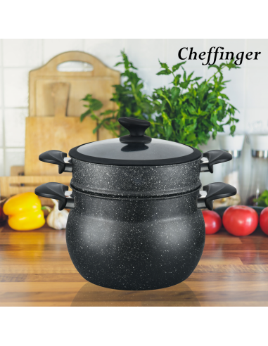 Cheffinger CF-COUS8  Marmite À Couscous 8L Enrobée De Marbre Pour Cuisson À La Vapeur