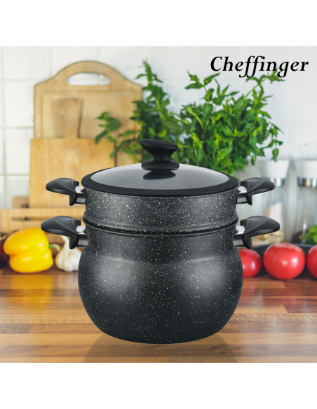 Cheffinger CF-COUS8  Marmite À Couscous 8L Enrobée De Marbre Pour Cuisson À La Vapeur