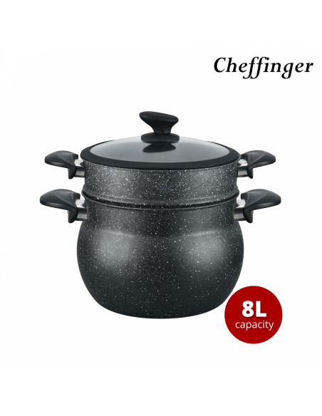 Cheffinger CF-COUS8  Marmite À Couscous 8L Enrobée De Marbre Pour Cuisson À La Vapeur