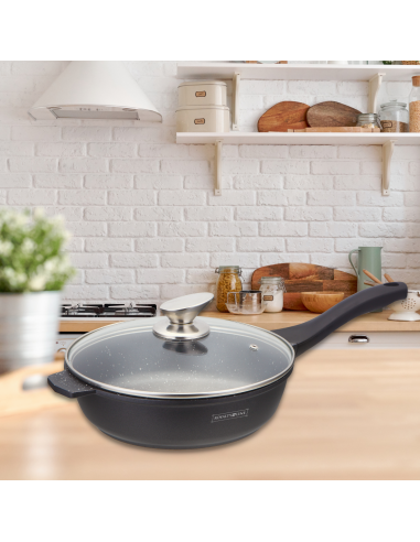 Royalty Line RL-BDF24-M Poêle à frire de 24 cm à revêtement en marbre avec couvercle en verre