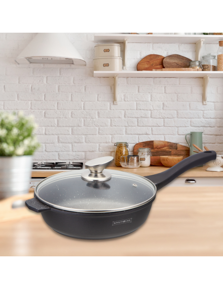 Royalty Line RL-BDF24-M Poêle à frire de 24 cm à revêtement en marbre avec couvercle en verre