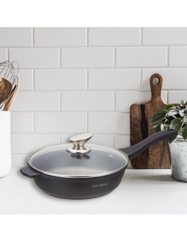 Royalty Line RL-BDF24-M Poêle à frire de 24 cm à revêtement en marbre avec couvercle en verre