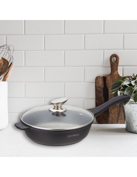Royalty Line RL-BDF24-M Poêle à frire de 24 cm à revêtement en marbre avec couvercle en verre