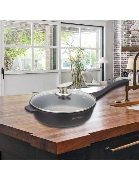 Royalty Line RL-BDF28-M  Poêle à frire à revêtement marbré de 28 cm avec couvercle en verre