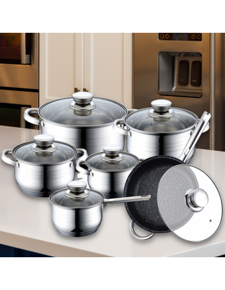 Royalty Line RL-1231M Batterie de cuisine en inox 12 pièces avec poêle à revêtement en marbre