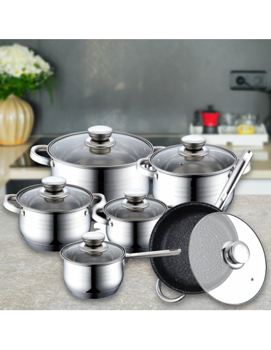 Royalty Line RL-1231M Batterie de cuisine en inox 12 pièces avec poêle à revêtement en marbre