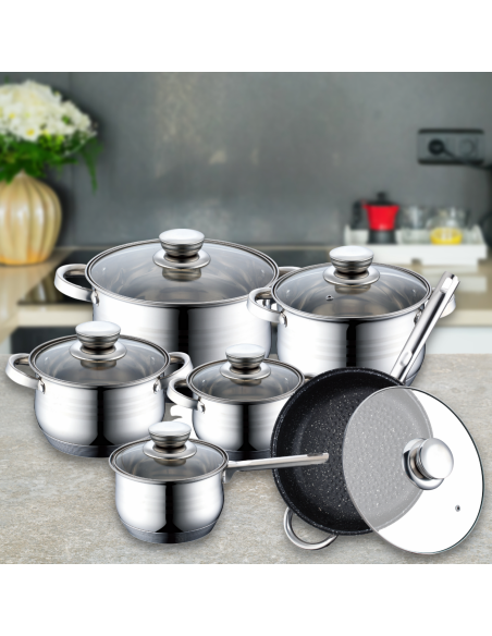 Royalty Line RL-1231M Batterie de cuisine en inox 12 pièces avec poêle à revêtement en marbre