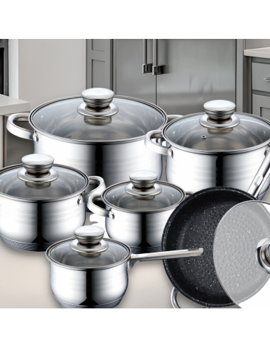 Royalty Line RL-1231M Batterie de cuisine en inox 12 pièces avec poêle à revêtement en marbre