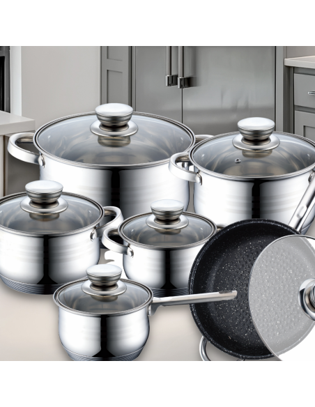 Royalty Line RL-1231M Batterie de cuisine en inox 12 pièces avec poêle à revêtement en marbre