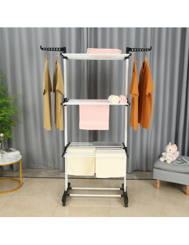 Herzberg HG-8034BW Porte-vêtements mobile plastique noir avec tubes blancs