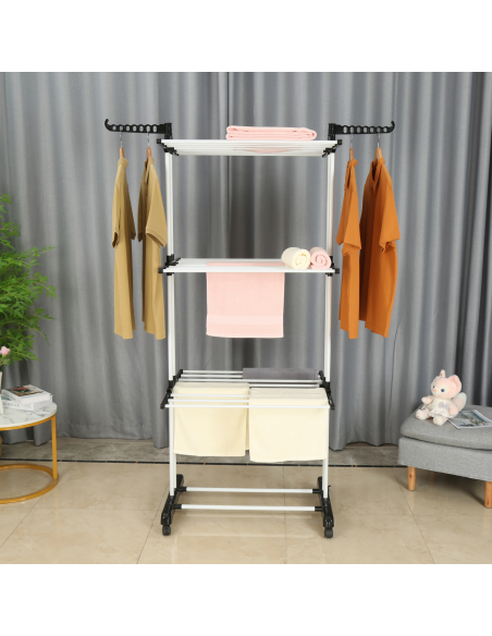 Herzberg HG-8034BW Porte-vêtements mobile plastique noir avec tubes blancs