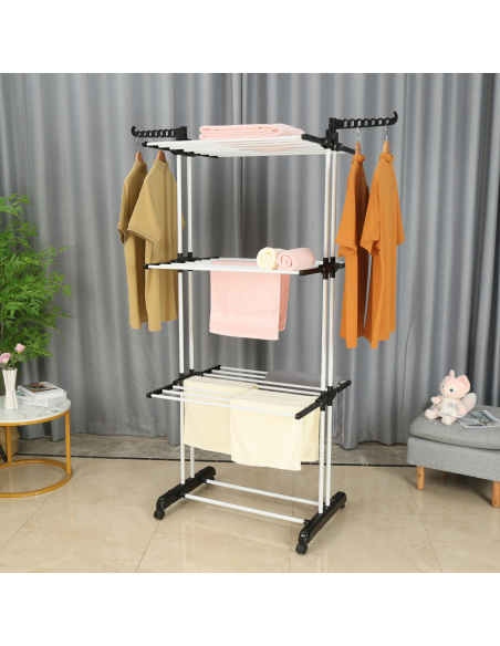 Herzberg HG-8034BW Porte-vêtements mobile plastique noir avec tubes blancs