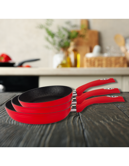 Royalty Line RL-FM3F  Poêle à frire 3 pièces en aluminium forgé à revêtement marbré Rouge