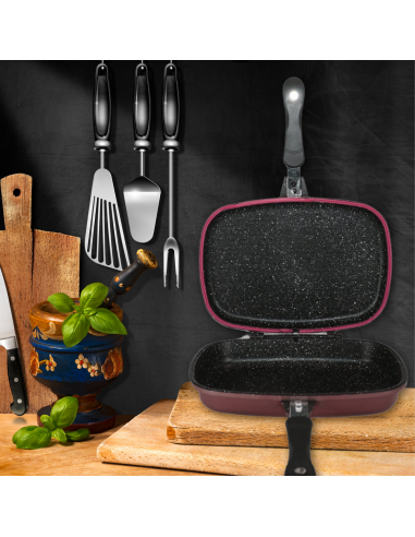 Cheffinger CF-DG32 Double poêle à griller réversible revêtue de marbre 32cm Noire