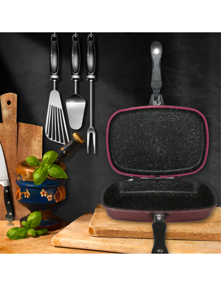 Cheffinger CF-DG32 Double poêle à griller réversible revêtue de marbre 32cm Cuivre