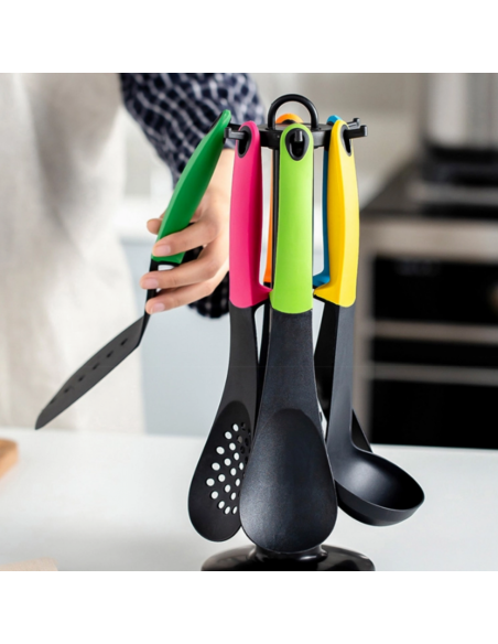 Cheffinger CF-UT01 Set d'ustensiles 6 pièces avec support rotatif Coloré