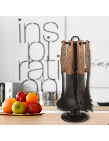 Cheffinger CF-UT02 Set d'ustensiles 6 pièces avec support rotatif Bois
