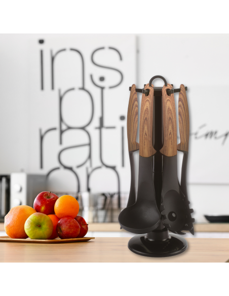 Cheffinger CF-UT02 Set d'ustensiles 6 pièces avec support rotatif Bois