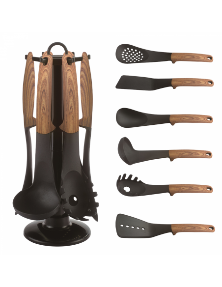 Cheffinger CF-UT02 Set d'ustensiles 6 pièces avec support rotatif Bois