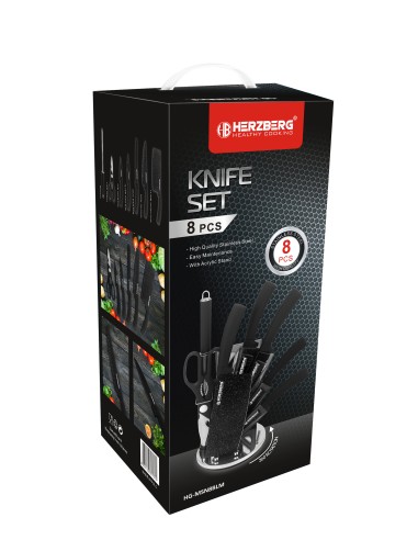 HerzbergEnsemble de 8 couteaux avec support en acrylique-Noir