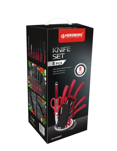 HerzbergEnsemble de 8 couteaux avec support en acrylique Rouge