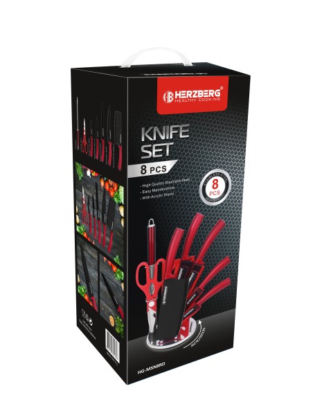 HerzbergEnsemble de 8 couteaux avec support en acrylique Rouge