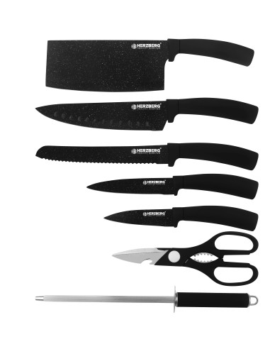 Herzberg Ensemble de 8 couteaux avec support en acrylique Marbre Noir