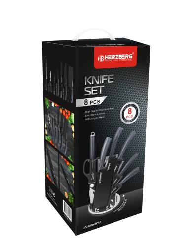 Herzberg Ensemble de 8 couteaux avec support en acrylique Carbone
