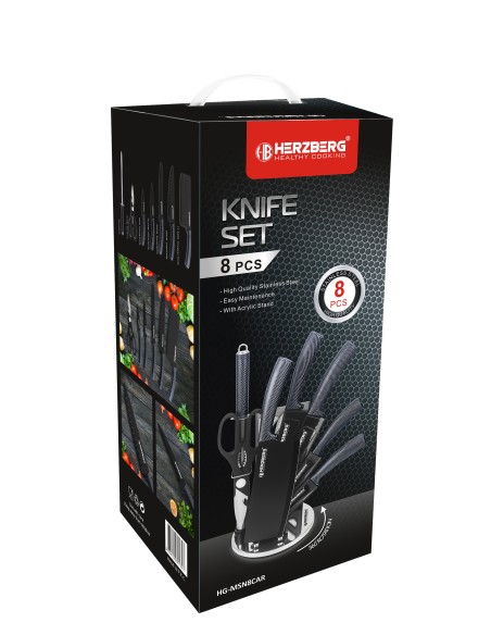 Herzberg Ensemble de 8 couteaux avec support en acrylique Carbone
